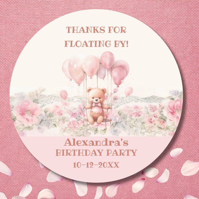 Pink Girl's Teddy Birthday Party Thank You Classic Round Sticker (Creator Uploaded)