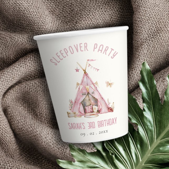 Pink Girls Tent Sleepover Slumber Birthday Party Paper Cups (Creator Uploaded)
