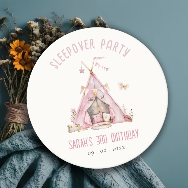 Pink Girls Tent Sleepover Slumber Birthday Party Round Paper Coaster (Creator Uploaded)