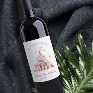 Pink Girls Tent Sleepover Slumber Birthday Party Wine Label