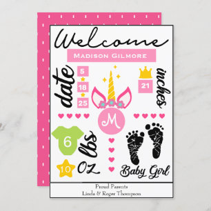 Pink Girls Unicorn Birth Stats Announcement