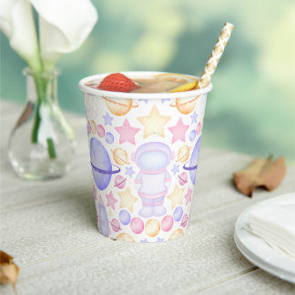 Pink Girls Watercolor Outer Space Astronaut Paper Cups