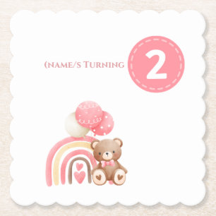 Pink girly 2nd Birthday rainbow, teddy & balloon Paper Coaster