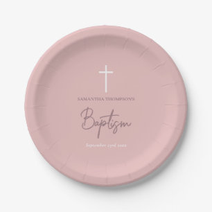 Pink Girly Baby Girl Calligraphy Baptism Paper Plate