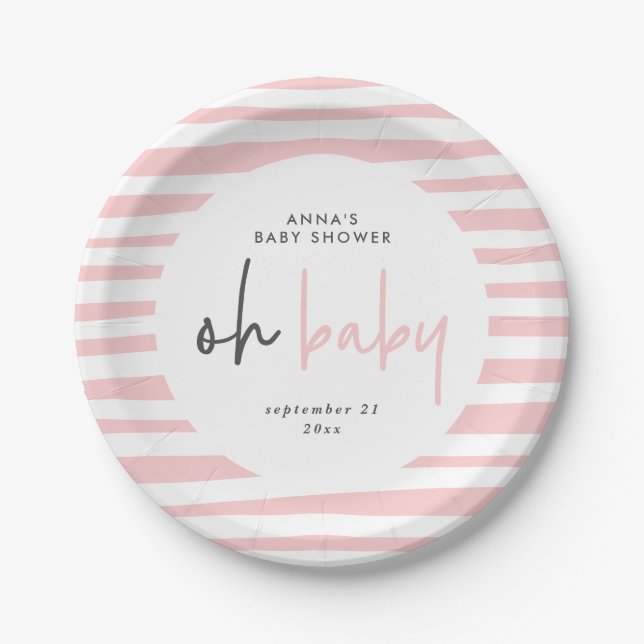 pink girly baby shower typography modern unique paper plate (Front)