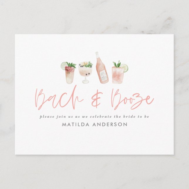 pink girly bach & booze bachelorette weekend chic invitation postcard (Front)