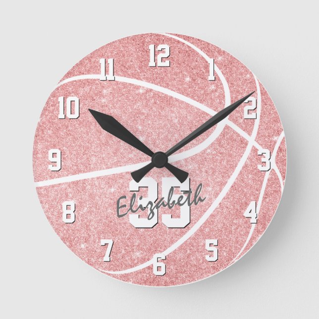 Pink girly basketball room decor personalised round clock (Front)