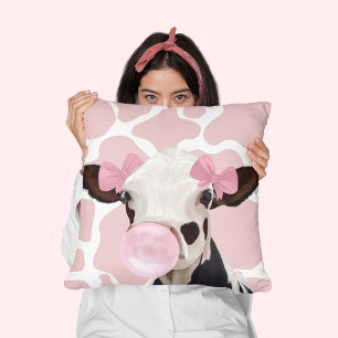 Pink Girly Bubblegum Blowing Cow Cushion