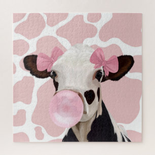 Pink Girly Bubblegum Blowing Cow Jigsaw Puzzle