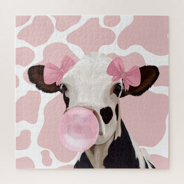Pink Girly Bubblegum Blowing Cow Jigsaw Puzzle (Vertical)