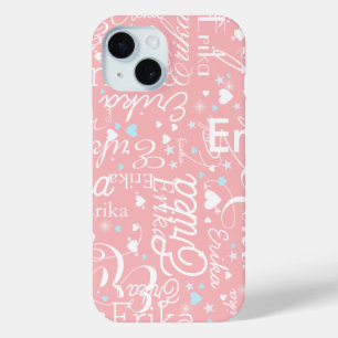 Pink Girly Calligraphy Typography Name Pattern iPhone 15 Case