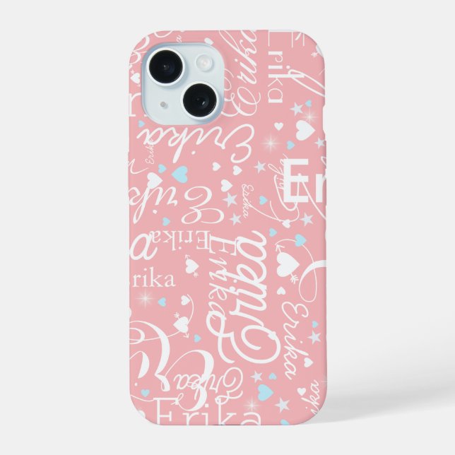 Pink Girly Calligraphy Typography Name Pattern iPhone 15 Case (Back)