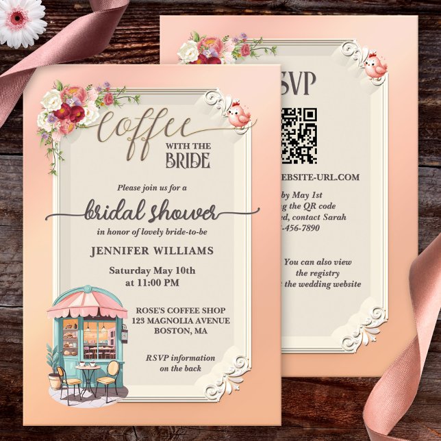 Pink Girly Coffee Bridal Shower  Invitation (Cute bridal shower invitation featuring a girly design with a coffee shop with flowers )