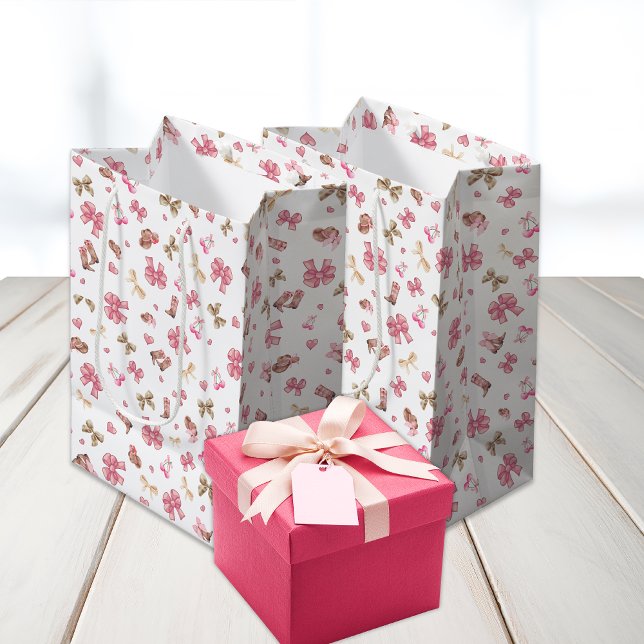 Pink Girly Coquette Cowgirl Boots Bows Pattern Medium Gift Bag (Creator Uploaded)