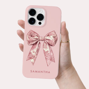 Pink Girly Coquette Toile de Jouy Bow with Name Case-Mate iPhone 14 Pro Max Case