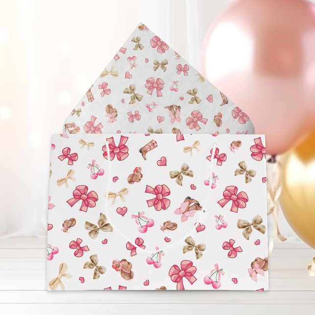 Pink Girly Cowgirl Boots Bows Coquette Pattern Large Gift Bag (Large bag with coordinate tissue paper.)
