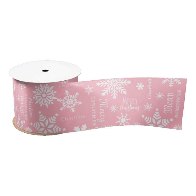 Pink Girly Custom Name Christmas Holiday Snow Satin Ribbon (Spool)