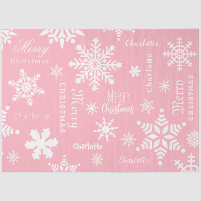 Pink Girly Custom Name Christmas Holiday Snow Tissue Paper (Front)