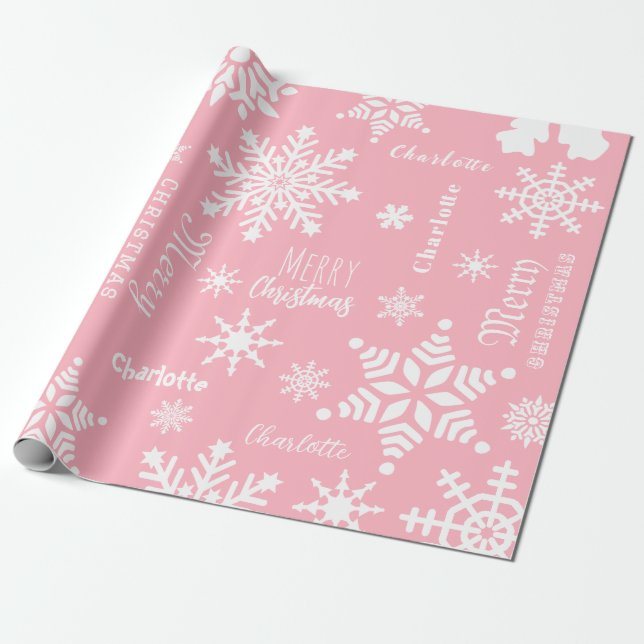 Pink Girly Custom Name Christmas Holiday Snow Wrapping Paper (Unrolled)