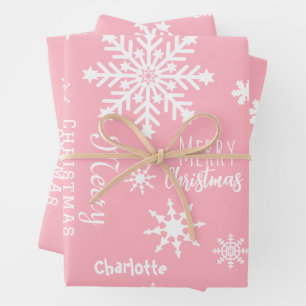 Pink Girly Custom Name Christmas Holiday Snow Wrapping Paper Sheet