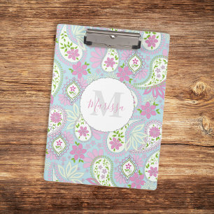 Pink Girly Cute Chic Preppy Paisley Monogram Clipboard