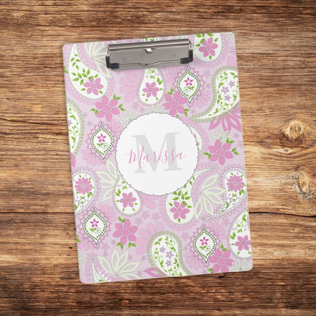 Pink Girly Cute Chic Preppy Paisley Monogram Clipboard (Creator Uploaded)