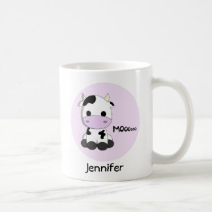 Pink girly cute cow cartoon personalised kids mug