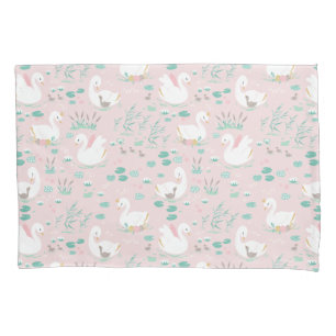Pink girly cute swan floral elegant beautiful pillowcase