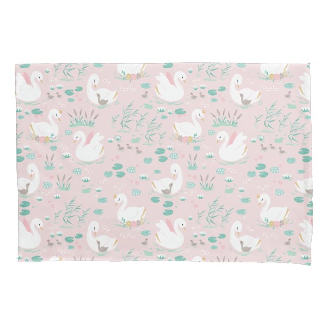 Pink girly cute swan floral elegant beautiful pillowcase (Front)