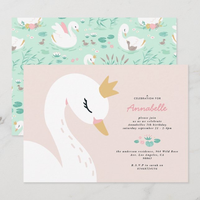 Pink girly elegant cute beautiful swan children's  invitation (Front/Back)