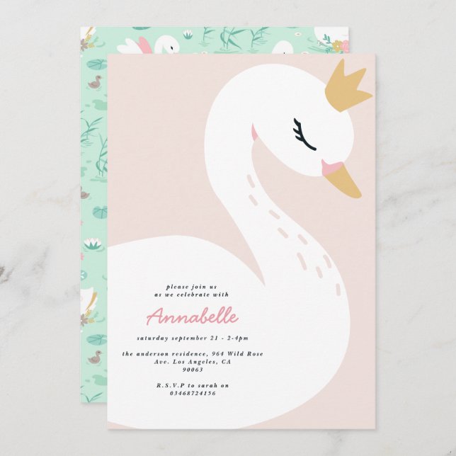 Pink girly elegant cute beautiful swan children's  invitation (Front/Back)