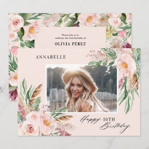 Pink girly elegant modern floral photo birthday invitation