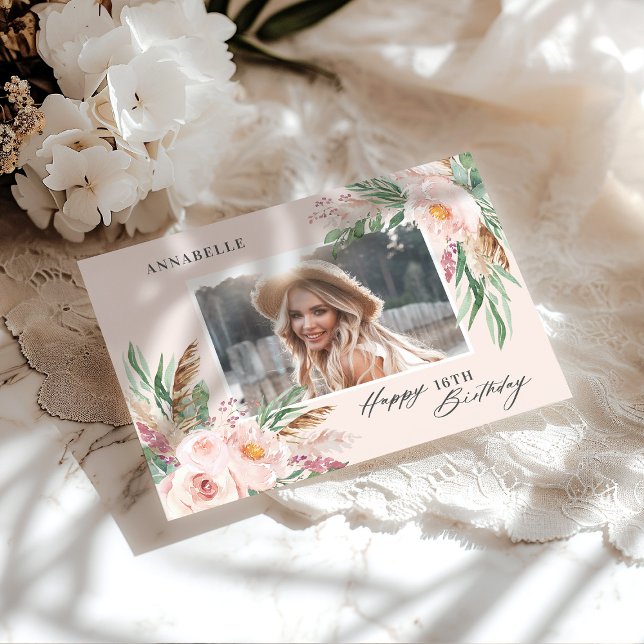 Pink girly elegant modern floral photo birthday invitation (Creator Uploaded)