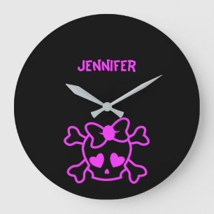 Pink girly emo skull with bow large clock