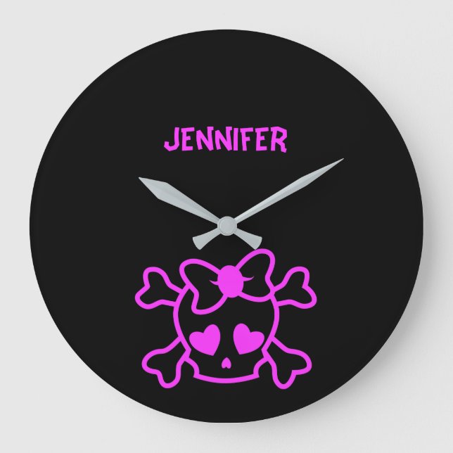 Pink girly emo skull with bow large clock (Front)