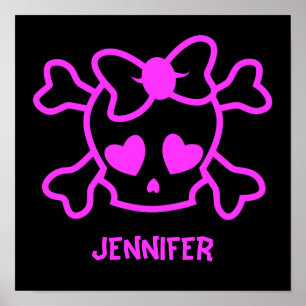 Pink girly emo skull with bow poster