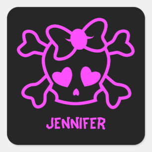 Pink girly emo skull with bow square sticker