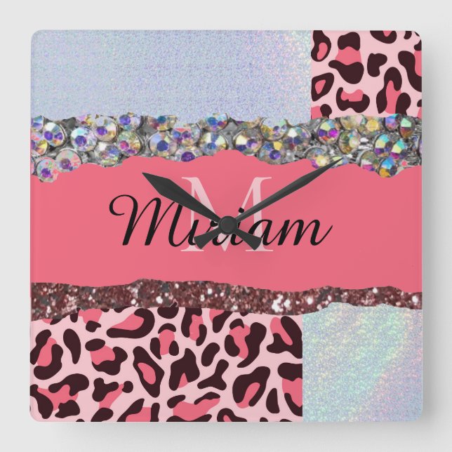 Pink Girly Feminine Rose Gold Monogram Clock (Front)