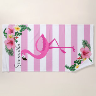 Pink girly flamingo Tropical summer Beach Towel