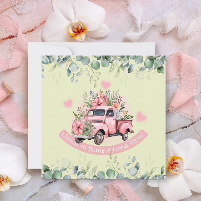 Pink Girly Floral Apple Truck Mother's Day Flat Holiday Card (Creator Uploaded)