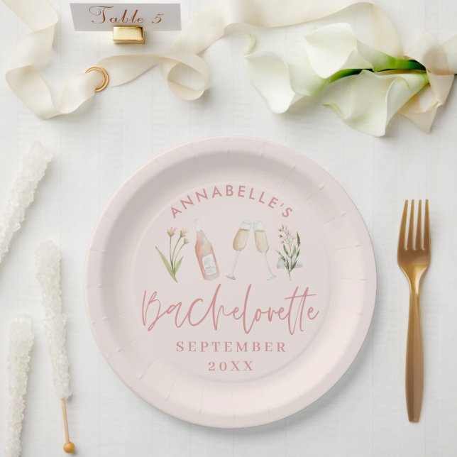 Pink girly floral champagne bachelorette stylish paper plate (Wedding)