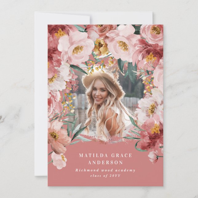 Pink girly floral photo graduation announcement (Front)