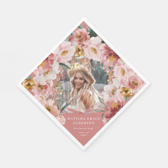 Pink girly floral photo graduation party napkins (Corner)