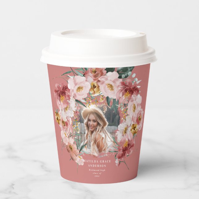 Pink girly floral photo graduation party paper cup (Front)