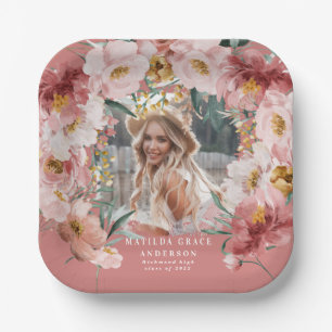 Pink girly floral photo graduation party paper pla plate