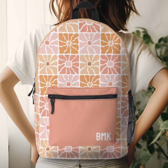 Pink Girly Floral Squares Groovy Monogram Printed Backpack (Creator Uploaded)