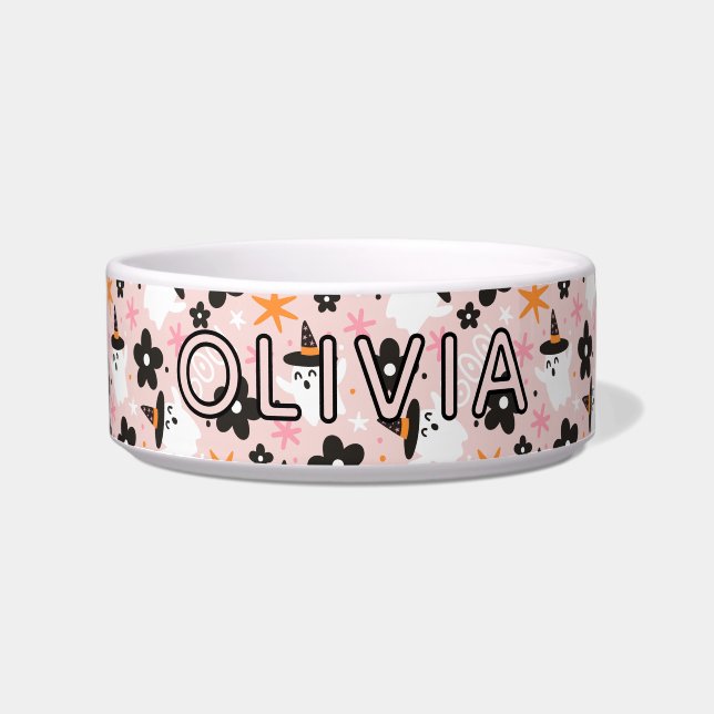 Pink Girly Ghosts Halloween Feeding Cat Bowl (Front)