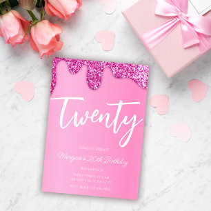 Pink Girly Glitter 20th Birthday Party Invitation