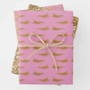 Pink Girly Gold Glam Glitter Eyelashes Wrapping Paper Sheet