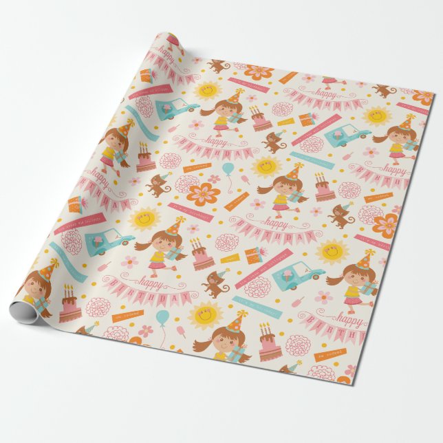 Pink Girly Happy Birthday Wrapping Paper (Unrolled)